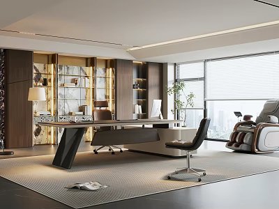 Elegant Modern Office Interior With Executive Desk Office Chair Large Window And Green Plant 3d model