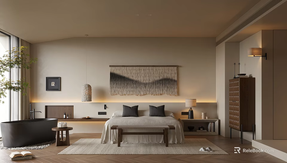 Cozy Hotel Room Featuring Large Bed Rug Wall Art Pendant Light Bedside Tables And Bathtub 3d model 