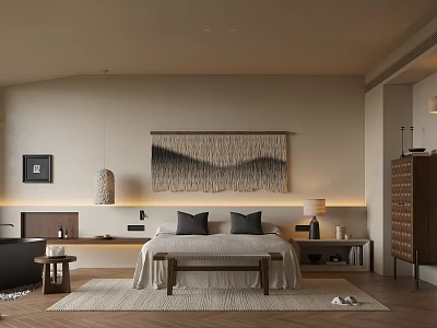 Cozy Hotel Room Featuring Large Bed Rug Wall Art Pendant Light Bedside Tables And Bathtub 3d model