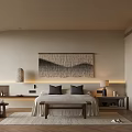 Cozy Hotel Room Featuring Large Bed Rug Wall Art Pendant Light Bedside Tables And Bathtub