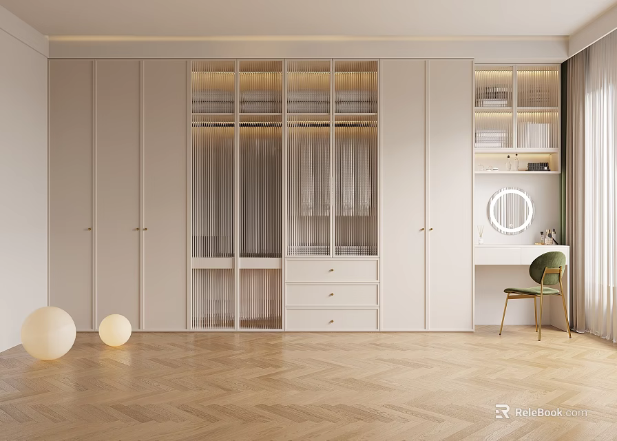 Modern Wardrobe Interior Design with Glass Doors Drawers Dressing Table and Green Chair 3d model 