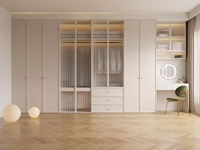 Modern Wardrobe Interior Design with Glass Doors Drawers Dressing Table and Green Chair 3d model