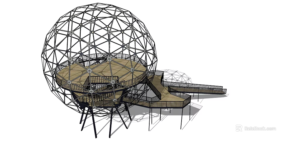 Park Landscape With Spherical Metal Grid Structure Wooden Platform And Walkway 3d model 