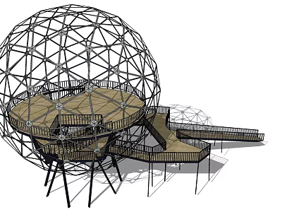 Park Landscape With Spherical Metal Grid Structure Wooden Platform And Walkway 3d model