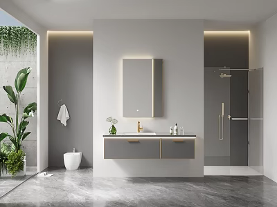 Modern Bathroom Vanity Cabinet With Mirror Countertop Faucet Green Plant And Recessed Lighting 3d model