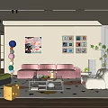 Vibrant Living Room Interior With Pink Sofa Green Chair Colorful Decorative Balls And Wall Paintings