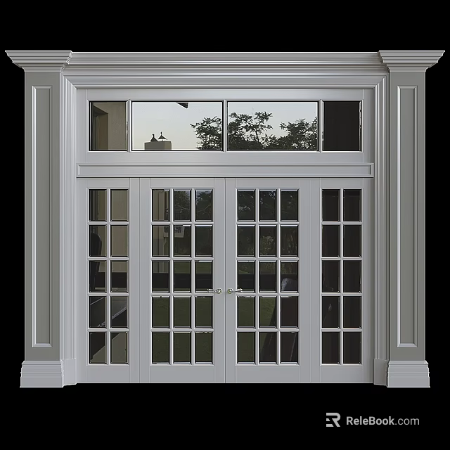 White Double Swing Door With Glass Grid Panels And Decorative Frame For Home 3d model 
