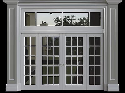 White Double Swing Door With Glass Grid Panels And Decorative Frame For Home 3d model