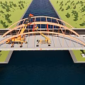 Orange Arch Bridge Construction Over Canal With Cranes Green Trees And Barges Below
