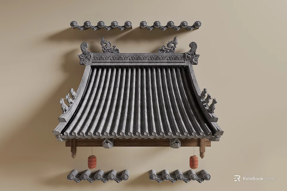 Ancient Architecture Roof With Carved Eaves Gray Tiles And Hanging Lanterns 3d model 