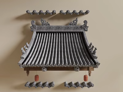 Ancient Architecture Roof With Carved Eaves Gray Tiles And Hanging Lanterns 3d model