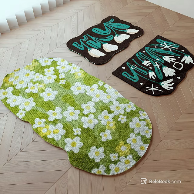 Stylish Floral Patterned Rugs With White Flowers And Tulip Designs For Home Decoration 3d model 