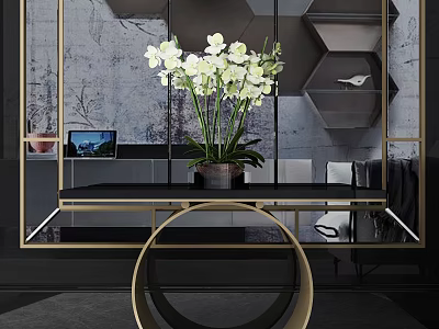 Modern Console Table With Potted White Orchid And Golden Frame Decor 3d model