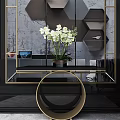 Modern Console Table With Potted White Orchid And Golden Frame Decor