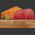 Fresh Salmon and Tuna Sashimi Platter on Wooden Board with Wasabi and Pickled Ginger