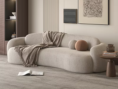 Beige Modern Large Sofa with Cozy Blanket Round Pillow Side Table and Books 3d model