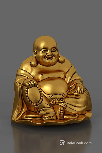Golden Laughing Buddha Sculpture Carving With Beaded Bracelet And Sitting Posture 3d model 