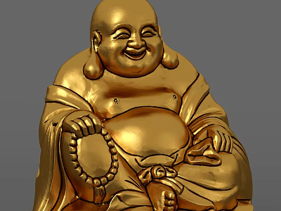 Golden Laughing Buddha Sculpture Carving With Beaded Bracelet And Sitting Posture 3d model