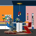 Home Restaurant Memphis Dining Table and Chair Dopamine Dining Chair Sideboard Chandelier Bookshelf 3d model