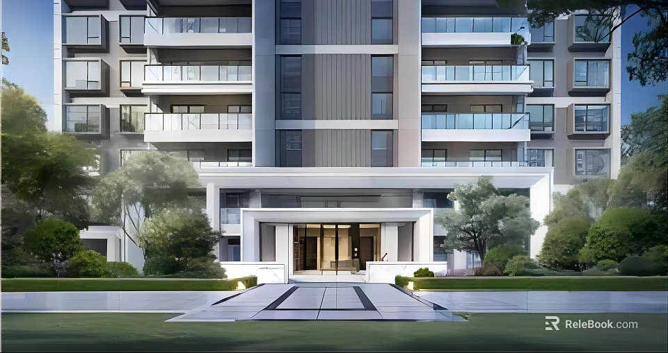 Modern High Rise Residential Entrance Gate With Green Plants Lawn Steps And Lighting 3d model 