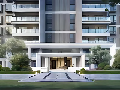 Modern High Rise Residential Entrance Gate With Green Plants Lawn Steps And Lighting 3d model