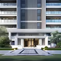 Modern High Rise Residential Entrance Gate With Green Plants Lawn Steps And Lighting