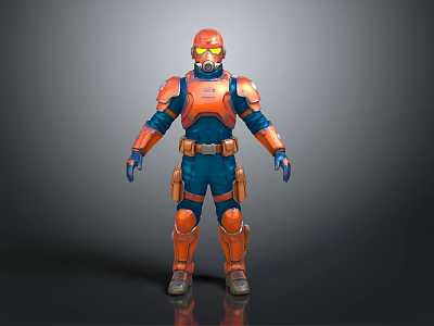 Orange And Blue Armored Sci Fi Warrior Character With Helmet And Goggles 3d model
