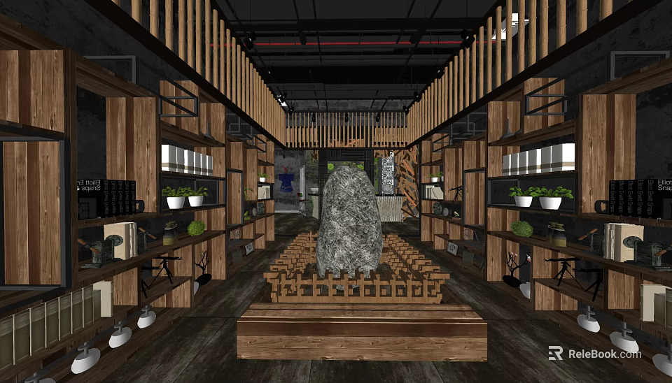 Specialty Store Interior With Wooden Shelves Central Large Stone Display And Green Plants Windows 3d model 