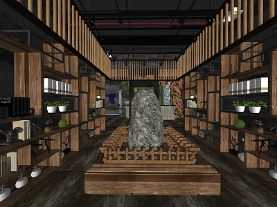 Specialty Store Interior With Wooden Shelves Central Large Stone Display And Green Plants Windows 3d model