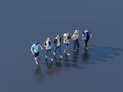Group of people walking together on dark ground with various outfits and casual postures 3d model
