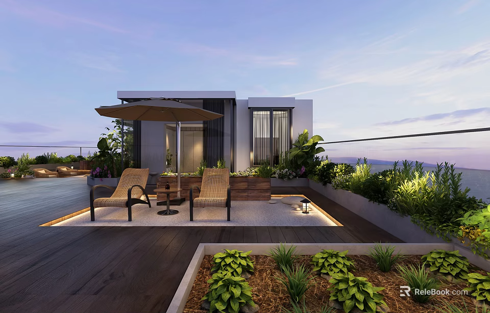 Modern Rooftop Garden With Lounge Chairs Umbrella Greenery And Evening Lighting 3d model 