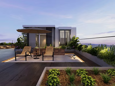 Modern Rooftop Garden With Lounge Chairs Umbrella Greenery And Evening Lighting 3d model