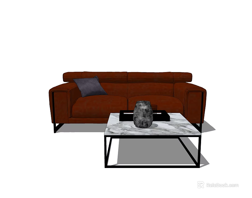 Brown Double Sofa with Dark Cushion and Marble Coffee Table Featuring Decorative Vase 3d model