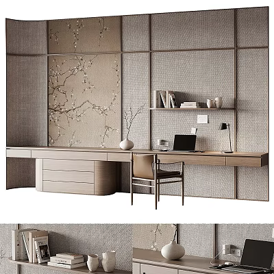 Modern Dressing Table Interior With Wooden Design Chair Lamp Vase And Decorative Wall 3d model