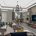 Dining And Living Room Interior Design With Wooden Table Tableware Pink Flower Vase Chandelier And Sofa