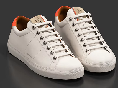 White Leather Casual Shoes With Lace Up Design Round Toe Orange Lining Rubber Sole 3d model