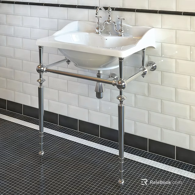 Elegant White Washbasin with Chrome Stand Against White Brick Wall and Black Mosaic Floor 3d model 