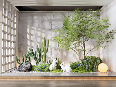 Indoor Landscape With White Lattice Partition Stone Textured Wall Greenery Rabbit Figurines And Round Lamp 3d model