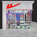 Shoe Store Interior With Red Display Shelves Various Shoes Red Counter And Neon Sign