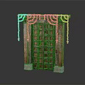Traditional Wooden Entrance Gate Adorned With Colorful Flower Garlands And Intricate Carvings