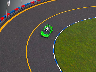 Green Racing Car Driving On Curved Race Track With Red Blue Barriers And Green Grass 3d model
