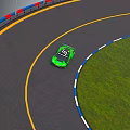 Green Racing Car Driving On Curved Race Track With Red Blue Barriers And Green Grass