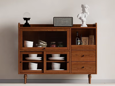 Rustic Wooden Sideboard Cabinet with Decorative Statue Radio Lamp and Dishes Storage 3d model