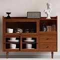Rustic Wooden Sideboard Cabinet with Decorative Statue Radio Lamp and Dishes Storage
