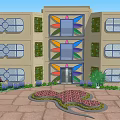 Modern Single Family Villa With Stained Glass Windows Greenery And Paved Courtyard