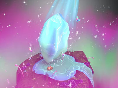 Glowing Blue Ice Block On Pink Rock With Stars Butterfly And Water Droplets 3d model