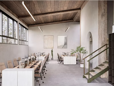 Modern Spacious Public Office Space With Long Tables Office Chairs Large Windows And Green Plants 3d model