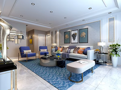 Modern Living Room Interior Featuring Gray Sofa Colorful Pillows Blue Area Rug And Decorative Paintings 3d model