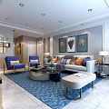 Modern Living Room Interior Featuring Gray Sofa Colorful Pillows Blue Area Rug And Decorative Paintings