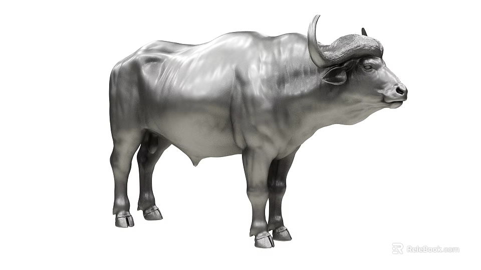 Shiny Metallic Silver Bull Sculpture With Detailed Texture And Lifelike Standing Posture 3d model 